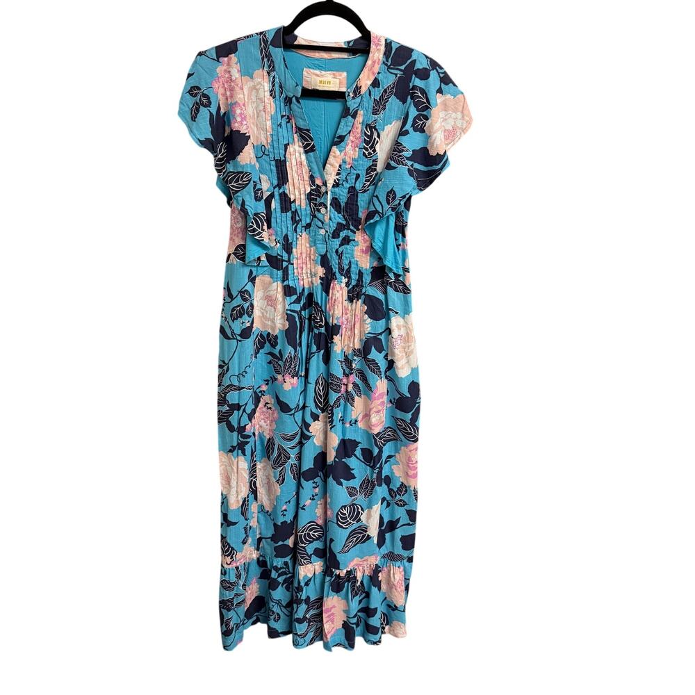 Anthropologie Maeve The Cassandra Maxi Dress Botanical Motif Blue Pink Large - Picture 2 of 9